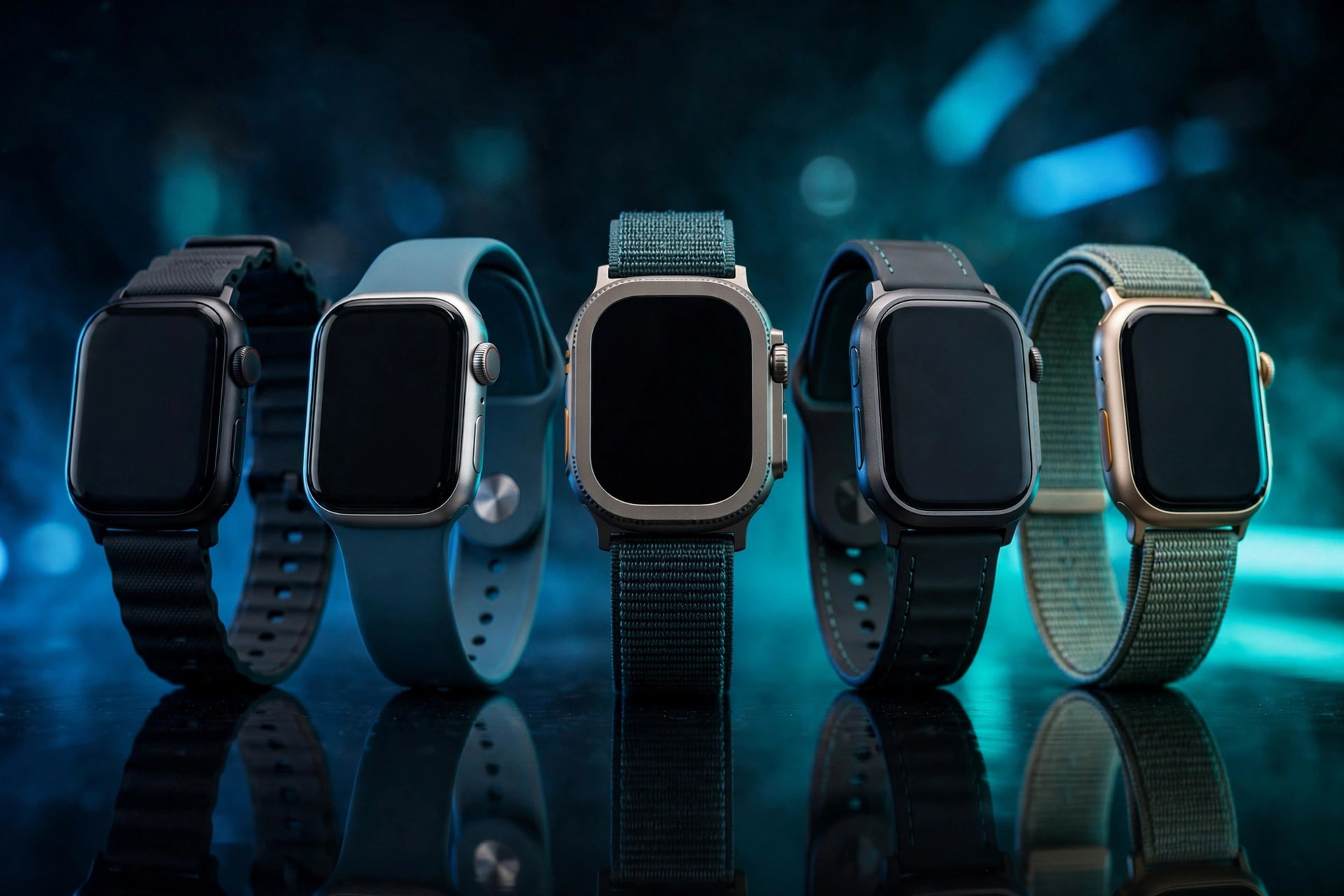 Five modern smartwatches lined up under dramatic blue studio lighting