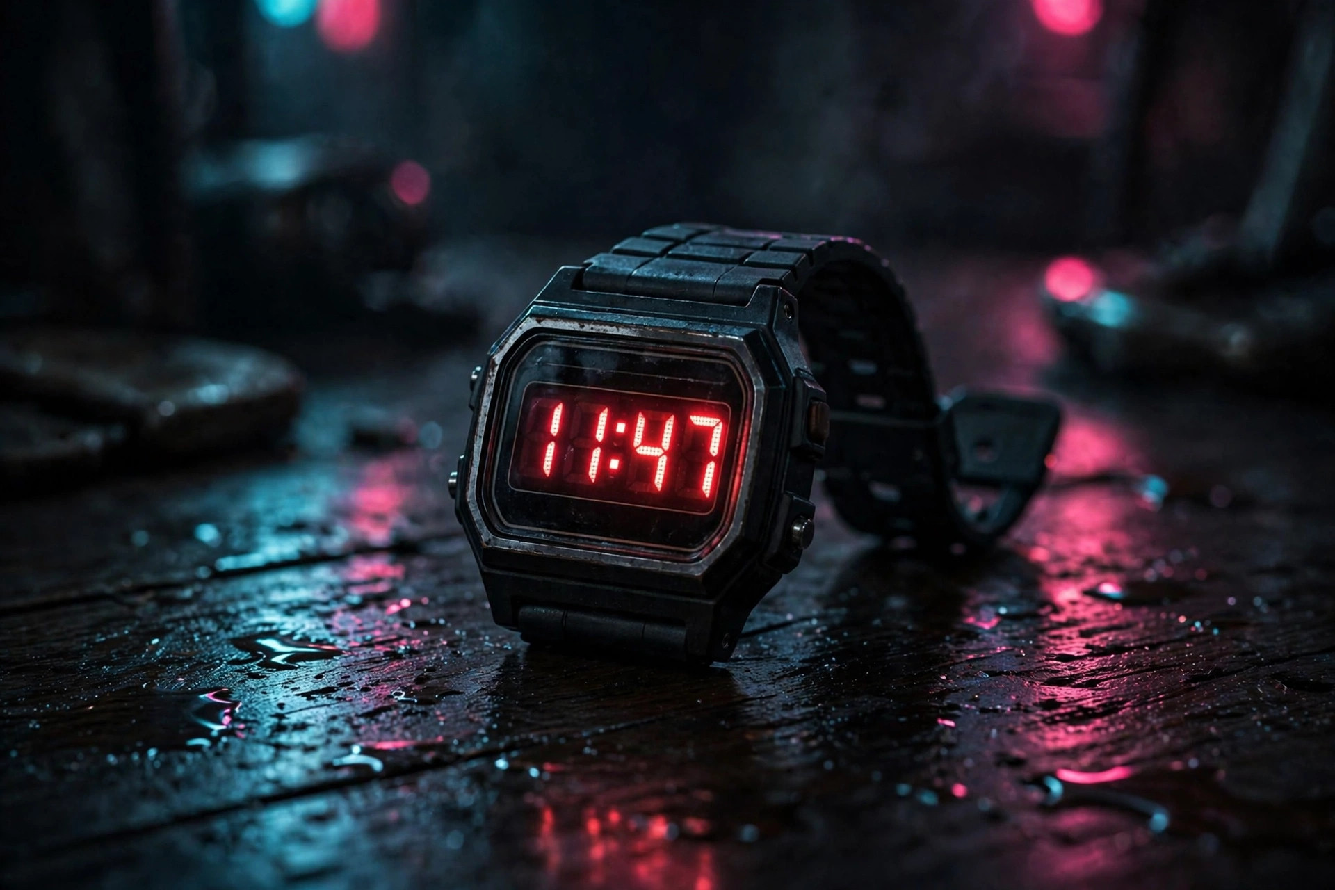 A retro 1980s digital wristwatch with glowing red LED display in a moody spy-movie scene