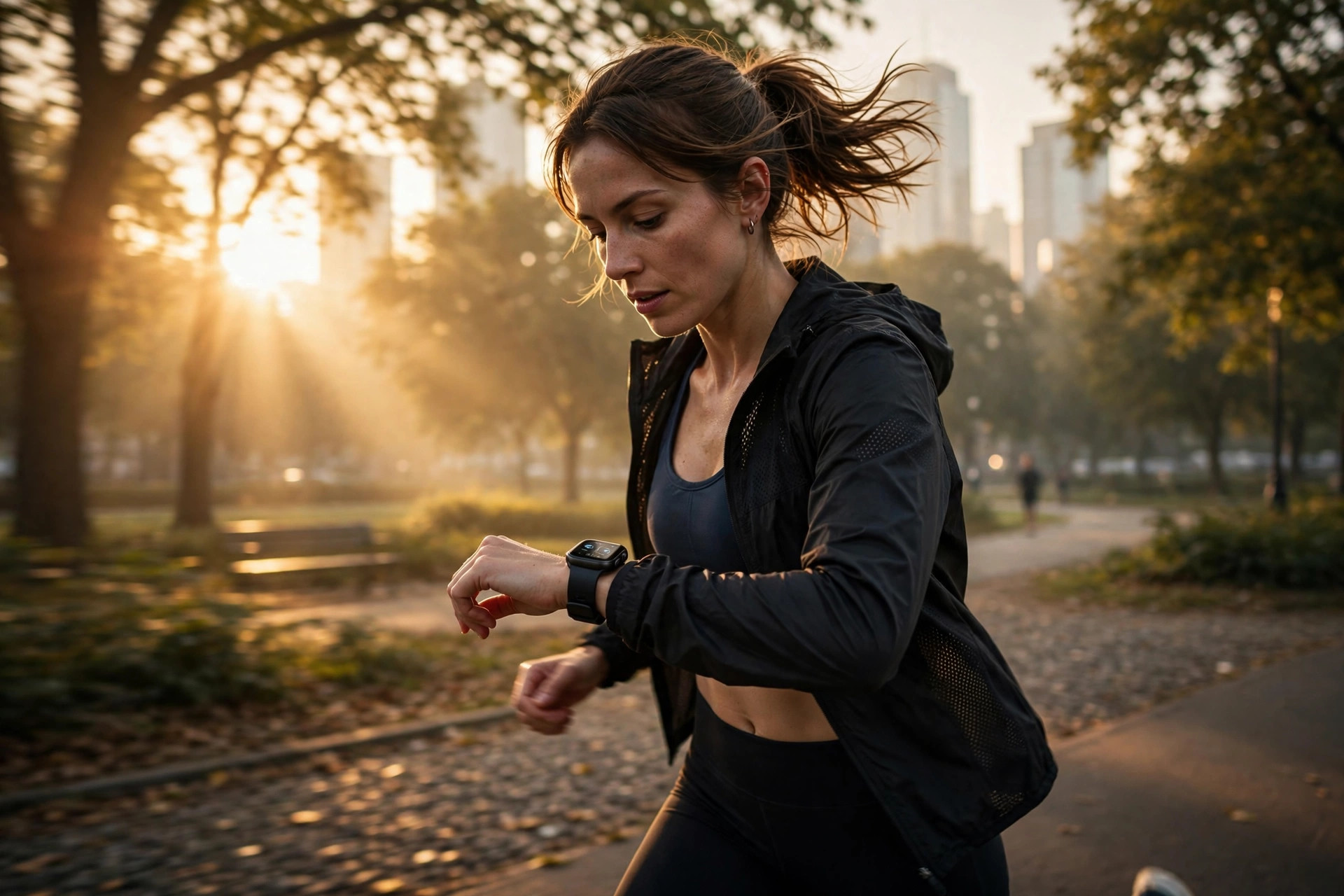 A runner at sunrise checking a smartwatch
